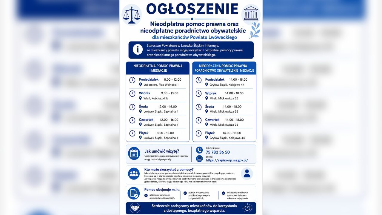 Mieszkańcy Powiatu Lwóweckiego mogą skorzystać z bezpłatnej pomocy prawnej. Sprawdź, gdzie i kiedy odbywają się dyżury